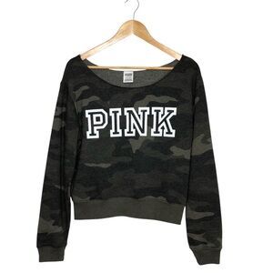 Victoria's Secret PINK Cotton Mix Relaxed Fit Stretch Fleece Raw Crew Camo Top S